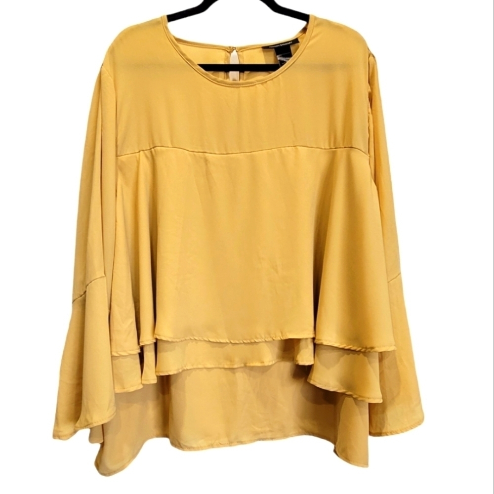 ASHLEY STEWART Sz 22/24 Layered Fabric Flowy Bell Sleeve Tunic w/Back Key Hole